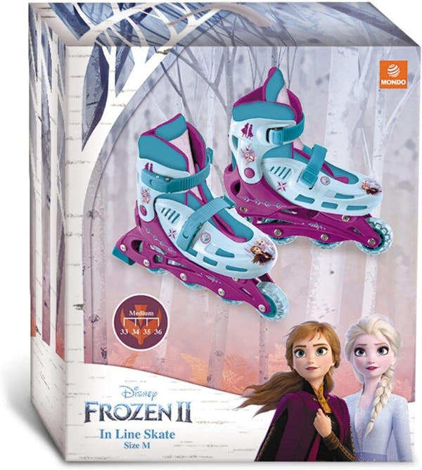 Patines en línea Frozen Mondo 28314 con ilustraciones de Elsa y Anna en colores azul y rosa.