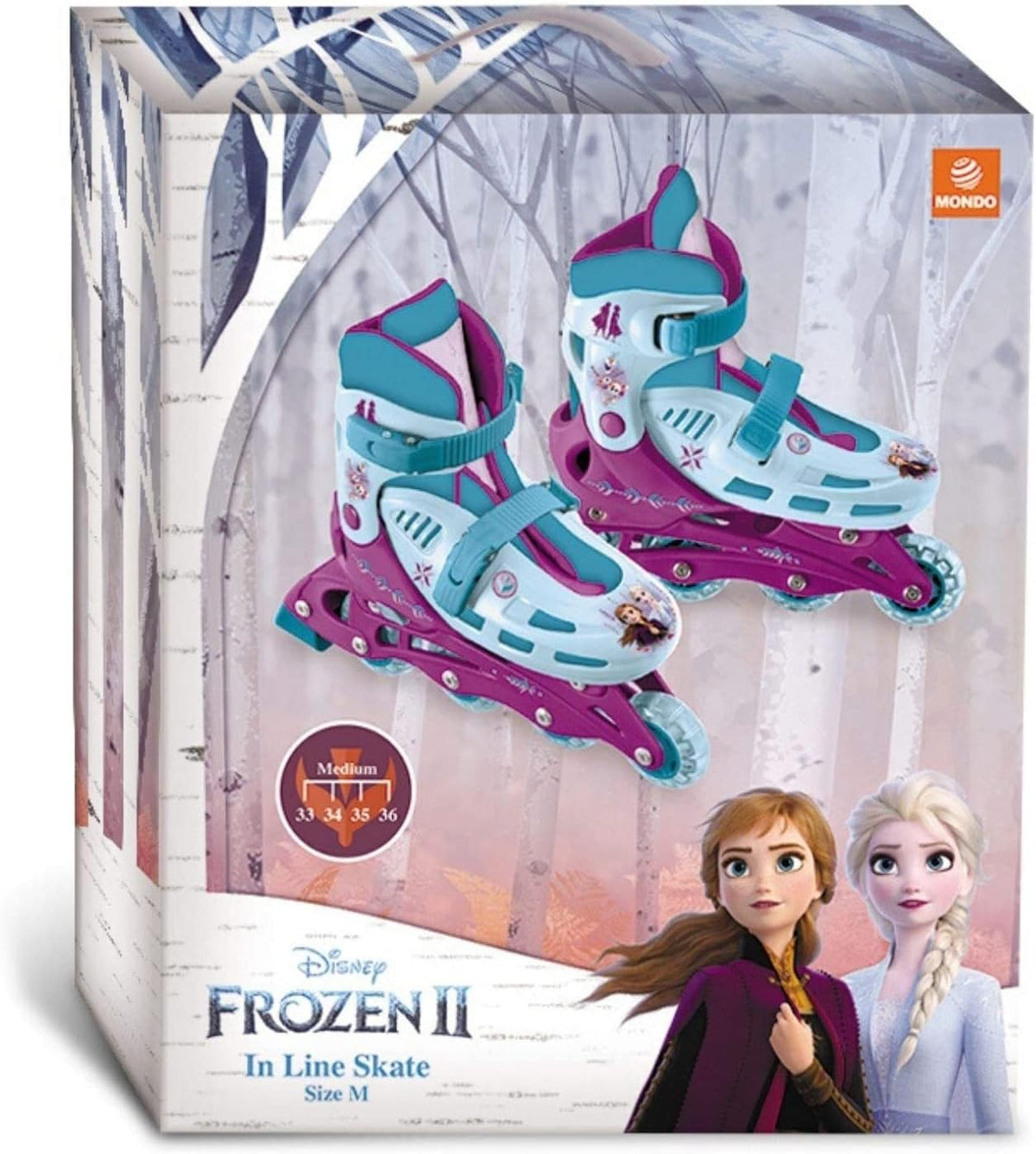 Patines en línea Frozen Mondo 28314 con ilustraciones de Elsa y Anna en colores azul y rosa.