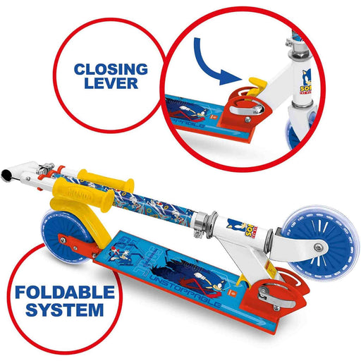 Patinete Sonic Mondo de aluminio 2 ruedas con gráficos oficiales, construcción ligera y resistente, sistema plegable y máxima diversión para fanáticos de Sonic
