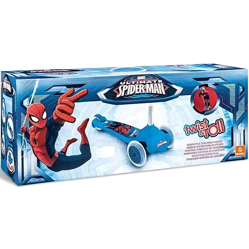 Patinete Twist & Roll Spiderman Mondo 18395 con diseño de tres ruedas y gráficos de Spiderman.