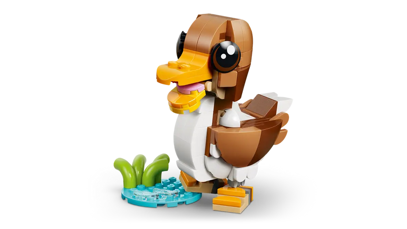 Pato LEGO Creator con cabeza móvil y estanque con vegetación