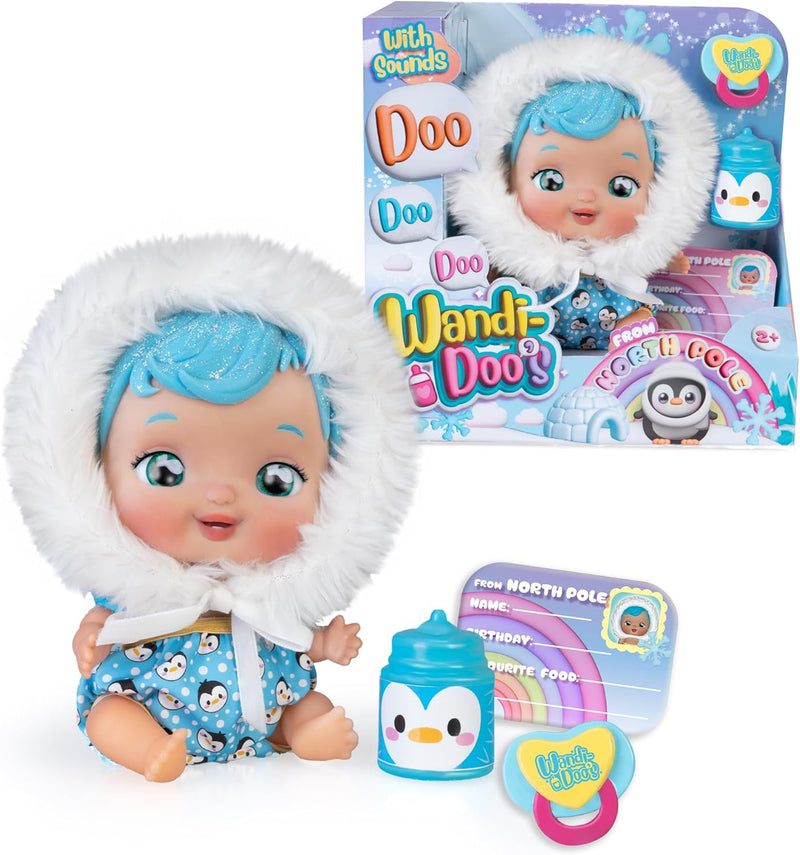 Peluche Wandi-Doo Blue Eskimo de FAMOSA con traje de esquimal azul suave y adorable para niños y bebés

