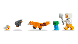 Personajes LEGO Minecraft: pollo, pato, zorro naranja, zombi y jugador con hacha
