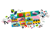 Piezas LEGO Classic 11036 organizadas por colores con 10 vehículos montados y 52 ruedas incluidas
