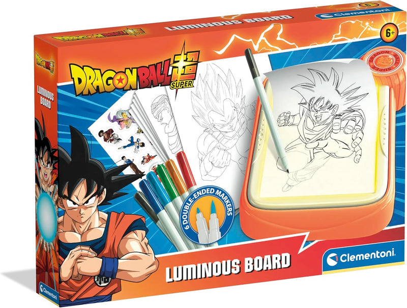 Pizarra Luminosa de Dragon Ball de Clementoni con tecnología de luz para dibujar personajes como Goku y Vegeta que brillan en la oscuridad, ideal para niños a partir de 6 años
