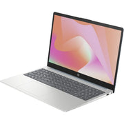 Portátil HP 15-FC0042NS azul lunar abierto mostrando pantalla Full HD de 15.6 pulgadas, teclado completo español con Ñ y touchpad de precisión sobre base en acabado premium
