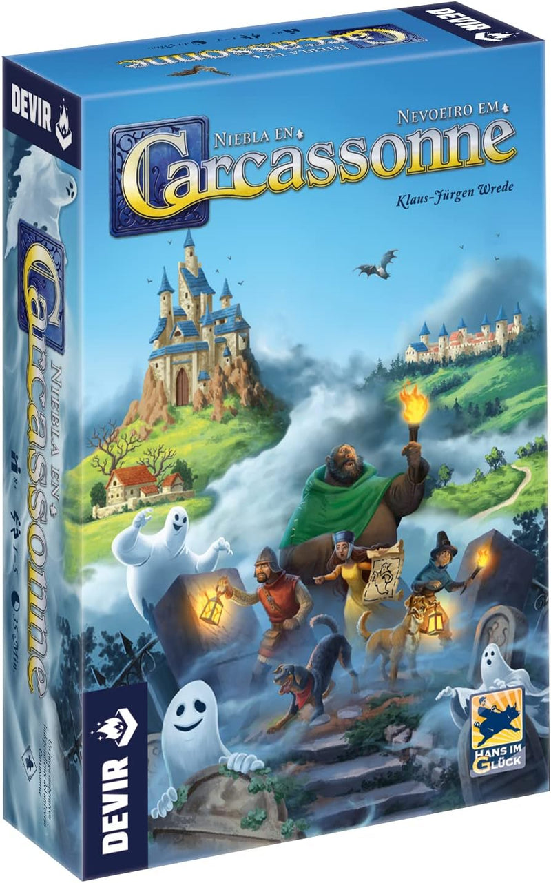 Portada del juego Devir Niebla en Carcassonne con ilustración de ciudad cubierta por la niebla
