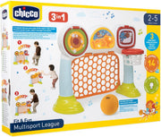 Portería electrónica CHICCO Multisport League 3 en 1 con tablero luminoso interactivo, sensores de detección, tres modalidades de juego (fútbol, baloncesto y tiro al blanco) y pelota suave incluida para niños de 2 a 5 años
