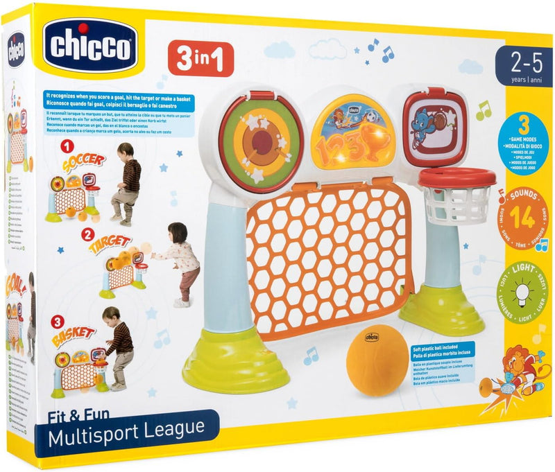 Portería electrónica CHICCO Multisport League 3 en 1 con tablero luminoso interactivo, sensores de detección, tres modalidades de juego (fútbol, baloncesto y tiro al blanco) y pelota suave incluida para niños de 2 a 5 años

