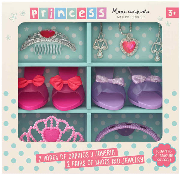 "Princess Maxi Conjunto Y5102 - caja con 2 pares zapatos tacón fucsia y lila, tiara plateada, collar y coronas para niñas"
