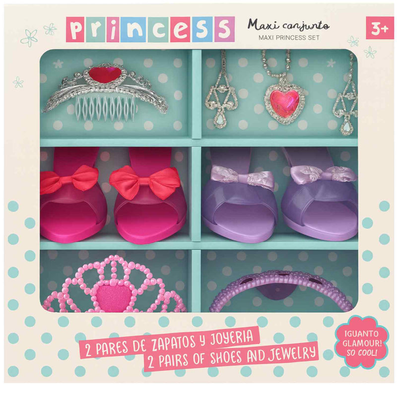 "Princess Maxi Conjunto Y5102 - caja con 2 pares zapatos tacón fucsia y lila, tiara plateada, collar y coronas para niñas"
