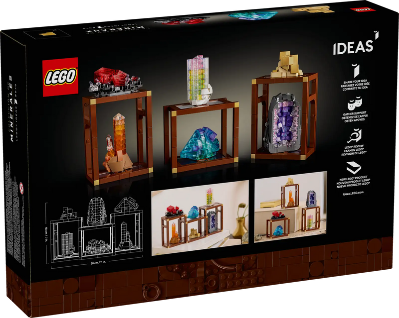 Proceso de construcción LEGO Ideas Colección de Minerales mostrando técnicas avanzadas con ladrillos transparentes y piezas de colores vibrantes para recrear efectos cristalinos y transparencias naturales
