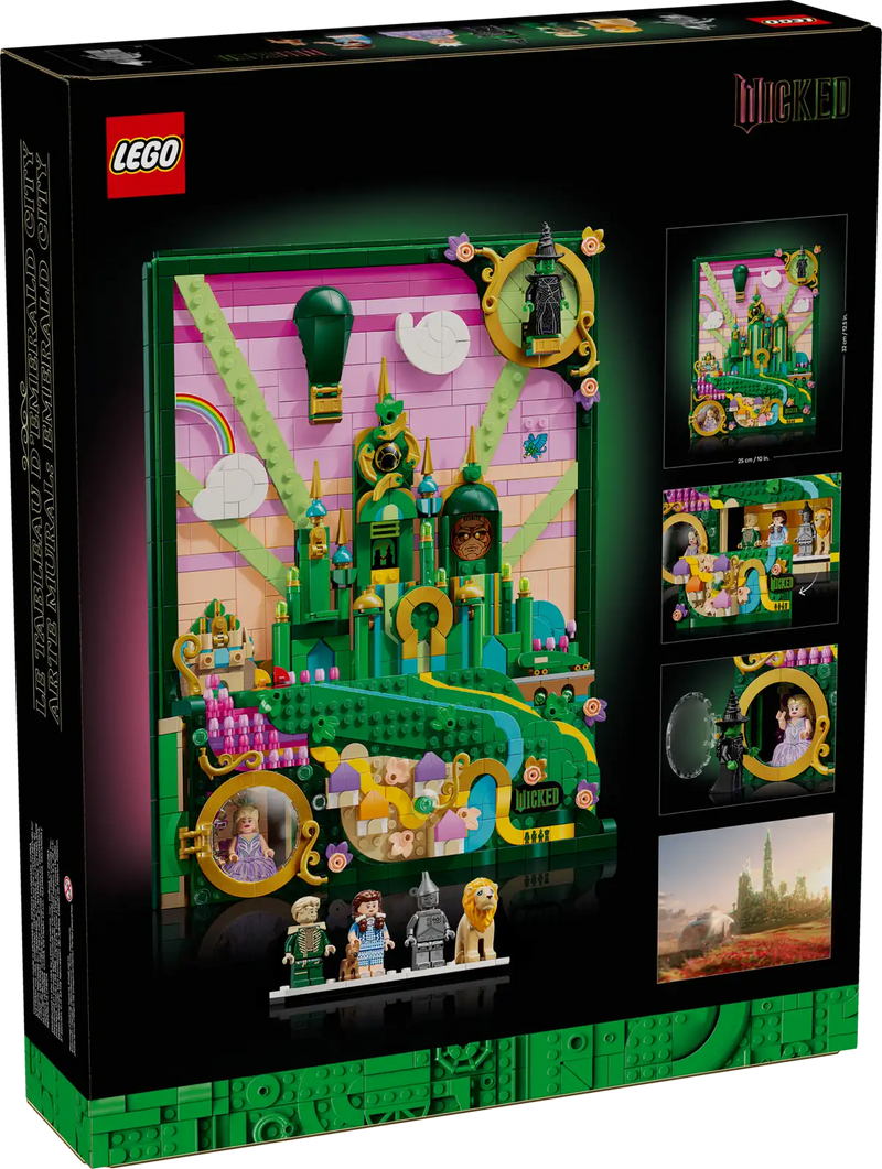 Proceso de construcción LEGO Wicked Arte Mural mostrando técnicas avanzadas para crear Shiz University, Munchkinland, tren de Emerald City y globo aerostático con piezas en colores emblemáticos rosa, verde y amarillo

