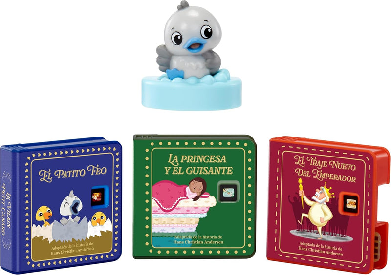 Proyector infantil Story Dream Machine mostrando proyección de cuento en la pared con luces de colores, controles sencillos para niños y almacenamiento integrado de módulos
