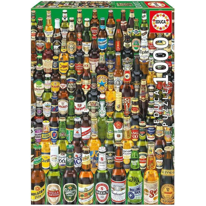 Puzzle Educa 1000 piezas con ilustración de botellas de cervezas internacionales.
