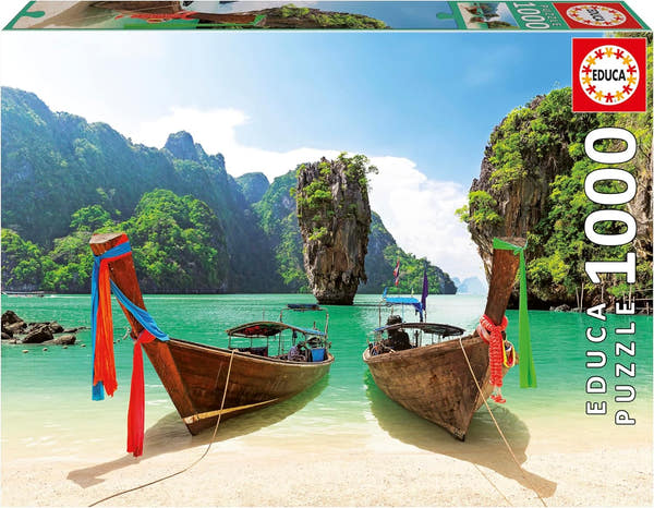 Puzzle 1000 piezas Isla de James Bond Tailandia Educa con imagen espectacular de Khao Phing Kan, formación rocosa vertical en aguas turquesas de la bahía de Phang Nga
