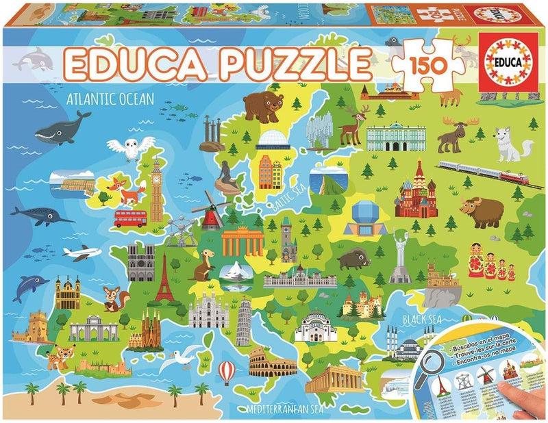 Puzzle Educa 150 piezas con mapa de Europa y sus países detallados.
