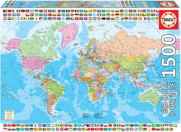 Puzzle Educa 18500 de 1500 piezas con diseño de mapamundi político detallado mostrando todos los países, capitales y fronteras del mundo, ideal para aprender geografía de forma entretenida
