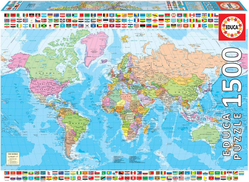 Puzzle Educa 18500 de 1500 piezas con diseño de mapamundi político detallado mostrando todos los países, capitales y fronteras del mundo, ideal para aprender geografía de forma entretenida

