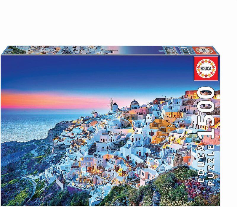 Puzzle Educa 19040 de 1500 piezas con imagen de Santorini mostrando casas blancas encaladas, cúpulas azules características y vistas al mar Egeo, ideal para amantes de Grecia y paisajes mediterráneos
