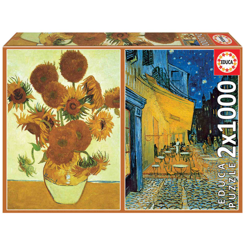 Puzzle Educa Borrás 18491 pack doble de 2x1000 piezas con las obras Los Girasoles y Terraza de Café por la Noche de Vincent van Gogh, ideal para amantes del arte postimpresionista
