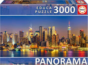 Puzzle Educa Borrás 19948 de 3000 piezas en formato panorámico mostrando el skyline completo de Nueva York con Empire State Building, One World Trade Center y rascacielos de Manhattan
