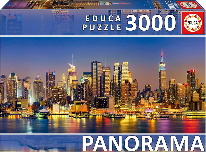 Puzzle Educa Borrás 19948 de 3000 piezas en formato panorámico mostrando el skyline completo de Nueva York con Empire State Building, One World Trade Center y rascacielos de Manhattan
