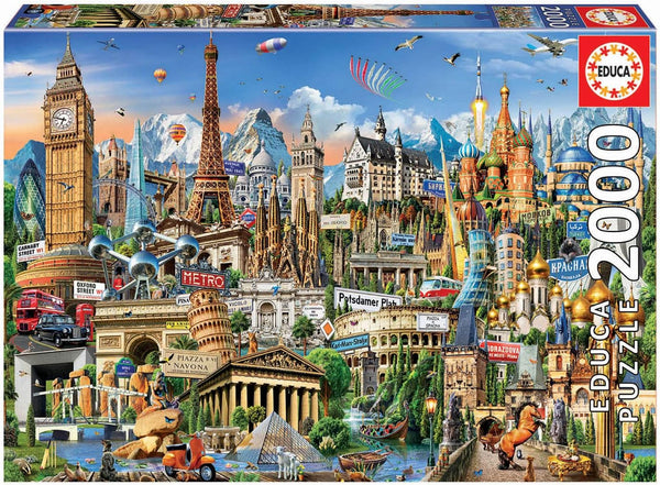 Puzzle Educa Borras 2000 piezas Símbolos de Europa con monumentos icónicos y banderas del continente europeo
