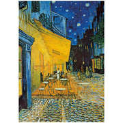 Puzzle de 1000 piezas de Terraza de Café por la Noche de Van Gogh mostrando escena nocturna con terraza iluminada y cielo estrellado en tonos azules y amarillos característicos del artista
