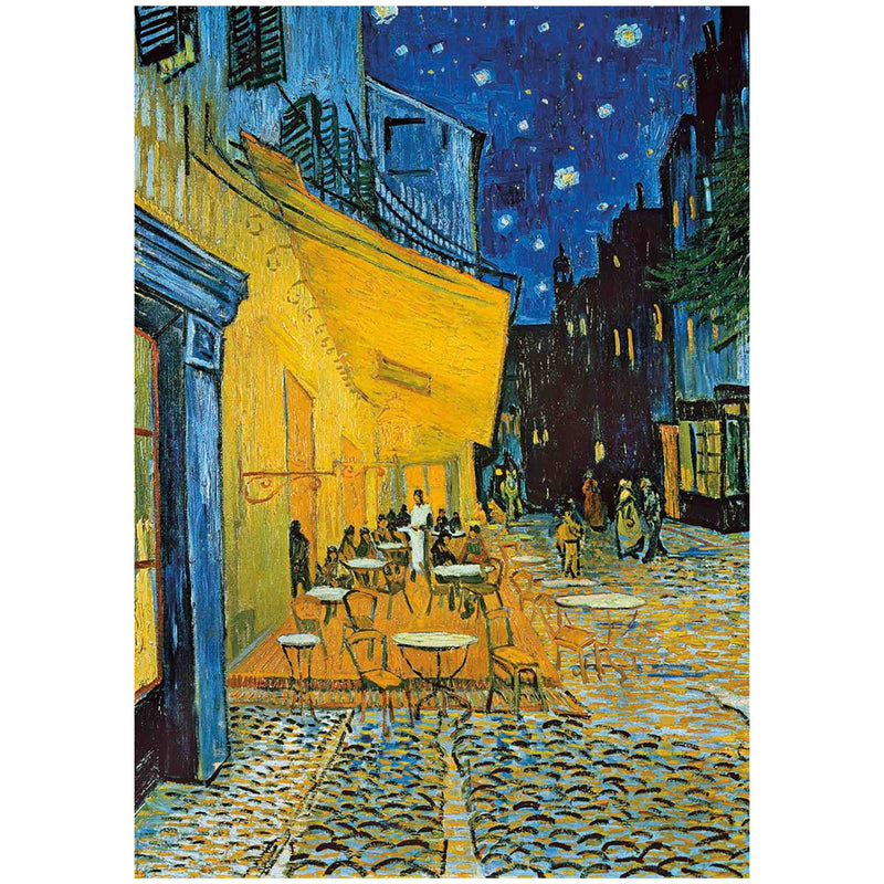 Puzzle de 1000 piezas de Terraza de Café por la Noche de Van Gogh mostrando escena nocturna con terraza iluminada y cielo estrellado en tonos azules y amarillos característicos del artista

