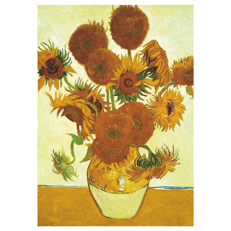 Puzzle de 1000 piezas reproduciendo Los Girasoles de Van Gogh con vibrantes tonos amarillos y dorados, obra maestra del postimpresionismo pintada en 1888 en Arles
