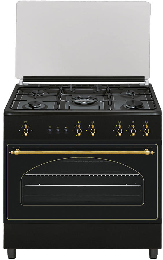 Cocina rústica de gas Vitrokitchen RU9060 de 90 cm en antracita con la tapa de cristal levantada
