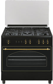 Cocina rústica de gas Vitrokitchen RU9060 de 90 cm en antracita con la tapa de cristal levantada