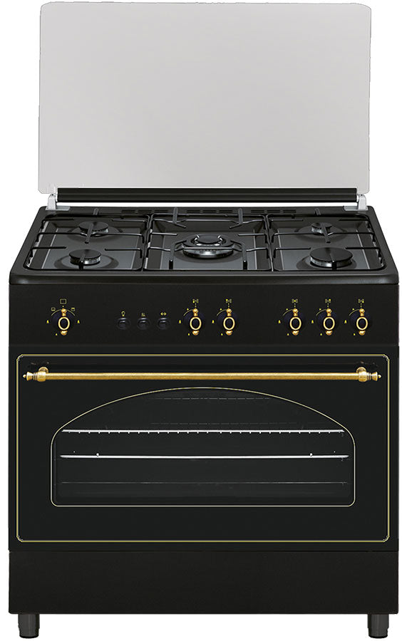 Cocina rústica de gas Vitrokitchen RU9060 de 90 cm en antracita con la tapa de cristal levantada