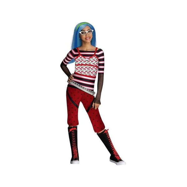 Disfraz infantil Ghoulia Yelps de Rubies con camiseta de rayas y cerezas, pantalón rojo y peluca azul puesto por una niña