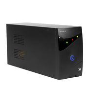 SAI Woxter 650 UPS de 650VA y 360W en color negro con 2 tomas de corriente protegidas, indicadores LED de estado y diseño compacto tipo torre para protección eléctrica
