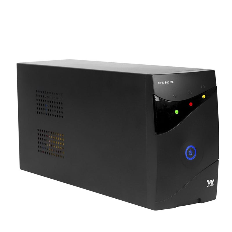SAI Woxter 650 UPS de 650VA y 360W en color negro con 2 tomas de corriente protegidas, indicadores LED de estado y diseño compacto tipo torre para protección eléctrica
