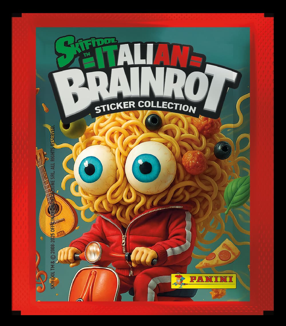 Panini SKIFIDOL Italian Brainrot - sobre oficial con cromos aleatorios del meme viral italiano (Bombardiro Crocodilo, Tralalero Tralala, Capuchino Assassino) - vista principal