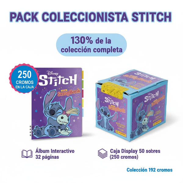 Pack coleccionista Stitch: álbum Super Scrap Book de 32 páginas y caja display de 50 sobres (250 cromos)