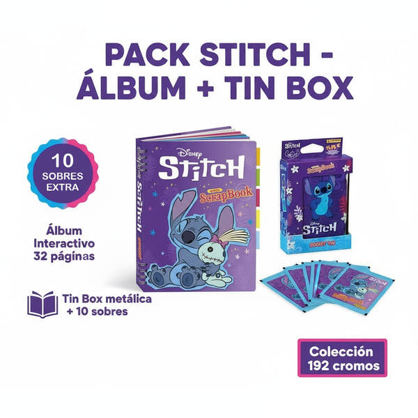 Pack Stitch: álbum Super Scrap Book de 32 páginas y Pocket Tin Box con 10 sobres extra