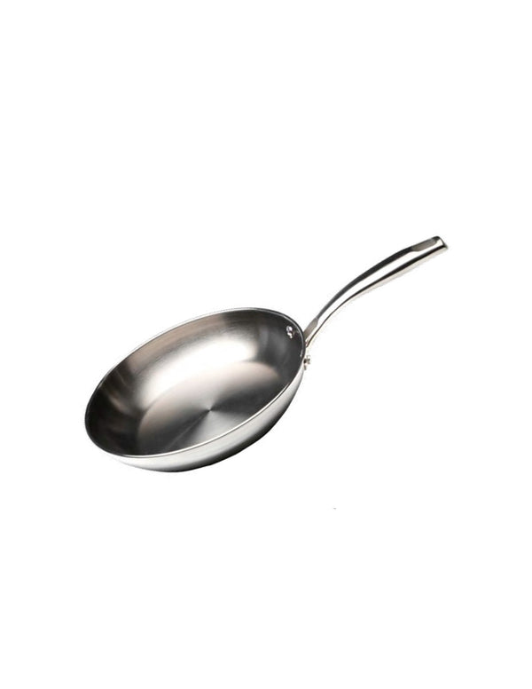 Sartén de acero inoxidable WECOOK! PRO de 26cm con superficie brillante y pulida, mango ergonómico y bordes redondeados, sobre fondo blanco
