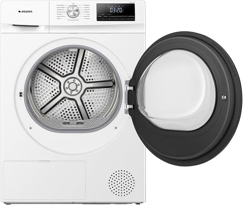 Secadora Aspes ASB801A2DB con tecnología de bomba de calor, capacidad 8kg, display LED digital, 15 programas incluyendo antialérgico y antiarrugas, acabado blanco elegante
