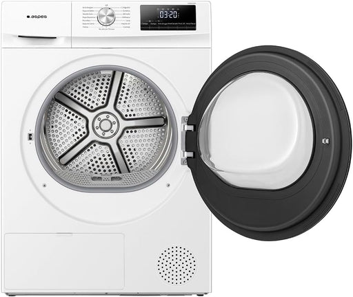 Secadora Aspes ASB801A2DB con tecnología de bomba de calor, capacidad 8kg, display LED digital, 15 programas incluyendo antialérgico y antiarrugas, acabado blanco elegante
