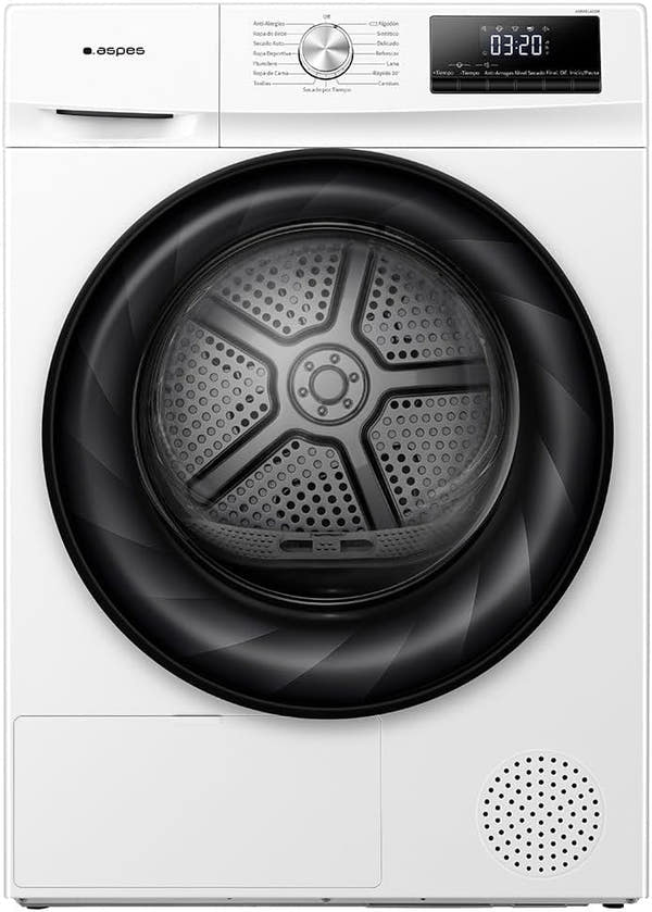 Secadora de bomba de calor Aspes ASB801A2DB de 8kg en color blanco con puerta XXL transparente y display LED, clase energética A++, ideal para el cuidado eficiente de la ropa
