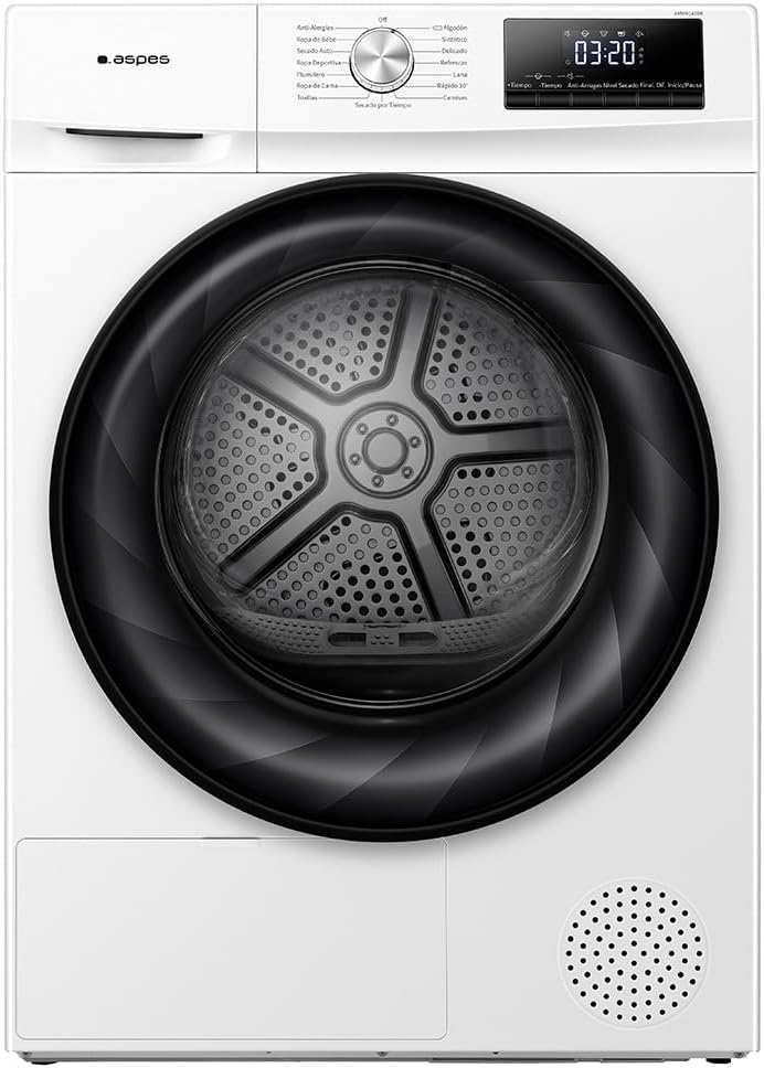 Secadora de bomba de calor Aspes ASB801A2DB de 8kg en color blanco con puerta XXL transparente y display LED, clase energética A++, ideal para el cuidado eficiente de la ropa
