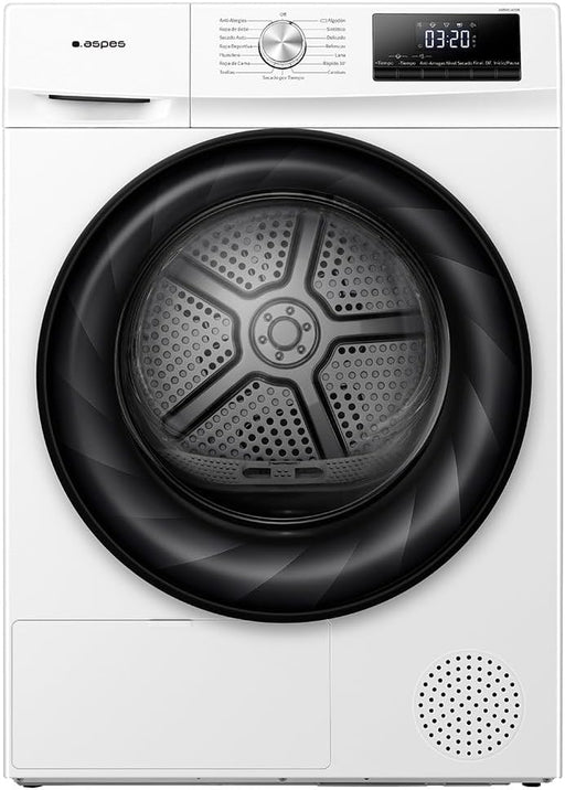 Secadora de bomba de calor Aspes ASB801A2DB de 8kg en color blanco con puerta XXL transparente y display LED, clase energética A++, ideal para el cuidado eficiente de la ropa
