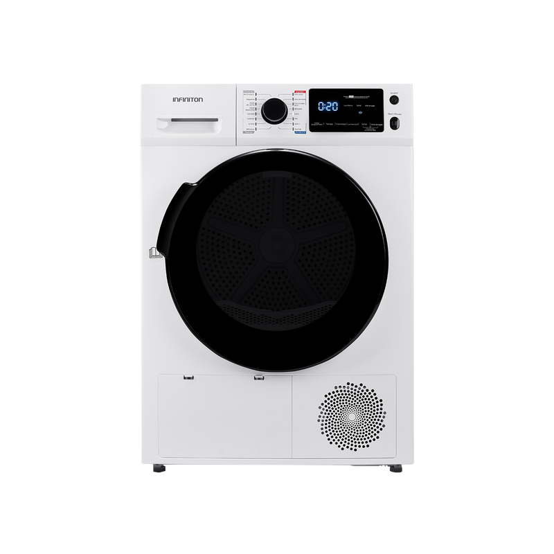 Secadora de bomba de calor Infiniton SD-B97B de 9kg en color blanco con display LED táctil, motor Inverter, clase energética A++, puerta extra grande de 375mm y luz LED interior
