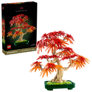 Set LEGO 10348 Bonsái de Arce Rojo Japonés con caja de fondo oscuro y árbol montado en tonos rojos y naranjas.