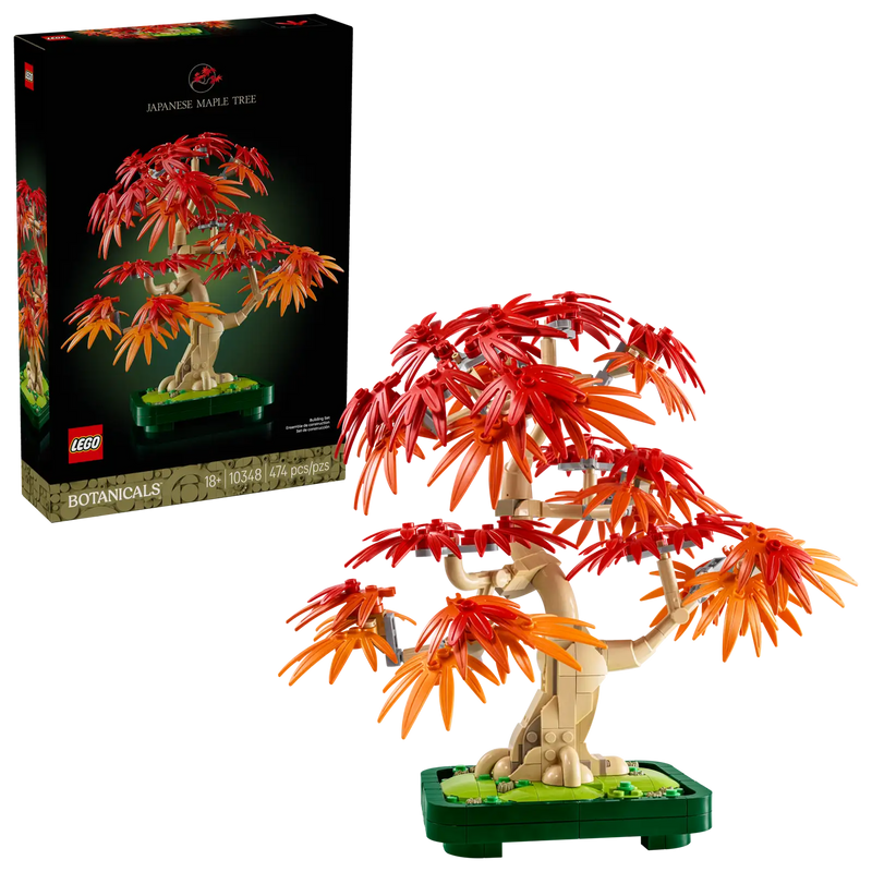 Set LEGO 10348 Bonsái de Arce Rojo Japonés con caja de fondo oscuro y árbol montado en tonos rojos y naranjas.