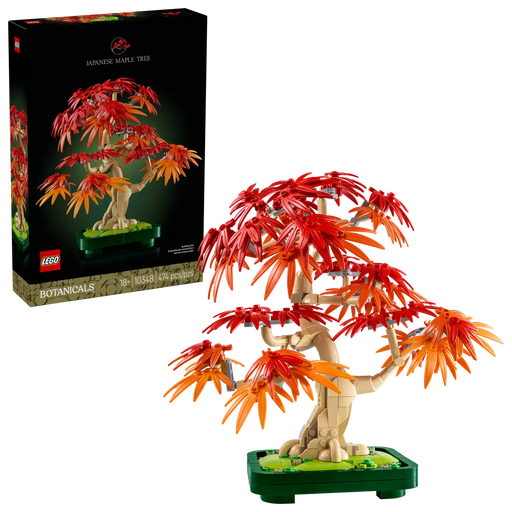 Set LEGO 10348 Bonsái de Arce Rojo Japonés con caja de fondo oscuro y árbol montado en tonos rojos y naranjas.